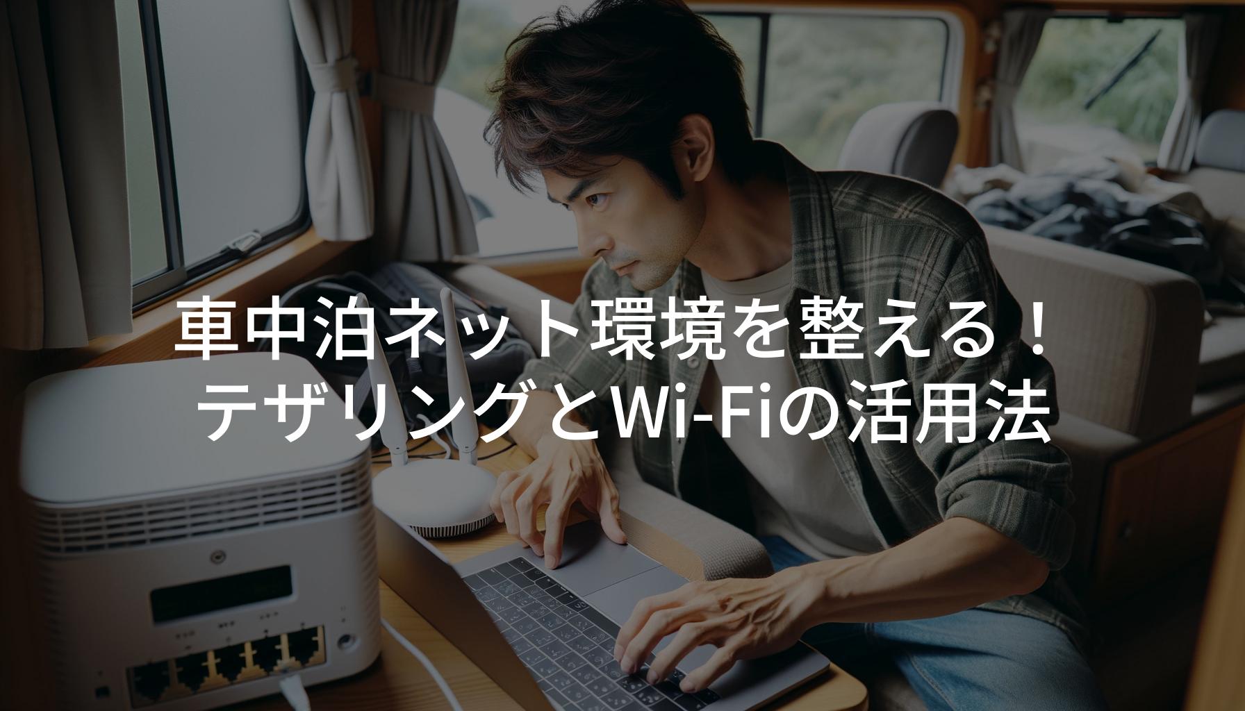 車中泊をしながらWi-Fiルーターを設定している30代の日本人男性。キャンピングカー内で、ノートパソコンとWi-Fiルーターを使ってネット環境を整えている様子。テックサビで快適なアウトドアライフを表現。