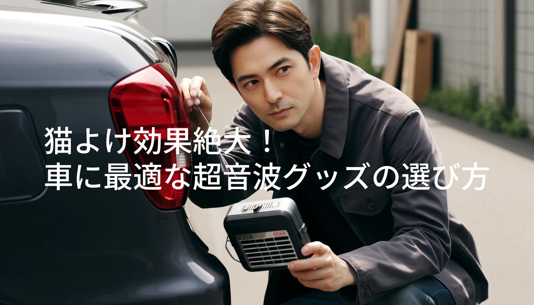 猫よけ超音波装置を車のそばに設置している40代の日本人男性。男性は短く整った髪型で、暗い色のカジュアルなジャケットを着ている。近くには保護と手入れを象徴するスリムな車がある。