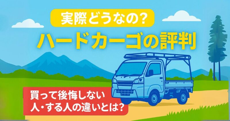 軽トラにハードカーゴを装着したイラストと「ハードカーゴの評判 実際どうなの？」というテキストが入った明るい雰囲気のアイキャッチ画像