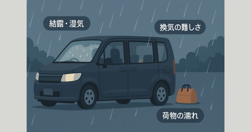 雨の夜に車中泊をしている様子。結露した窓や濡れた鞄が描かれ、車内の湿度や不快感をイメージさせるイラスト
