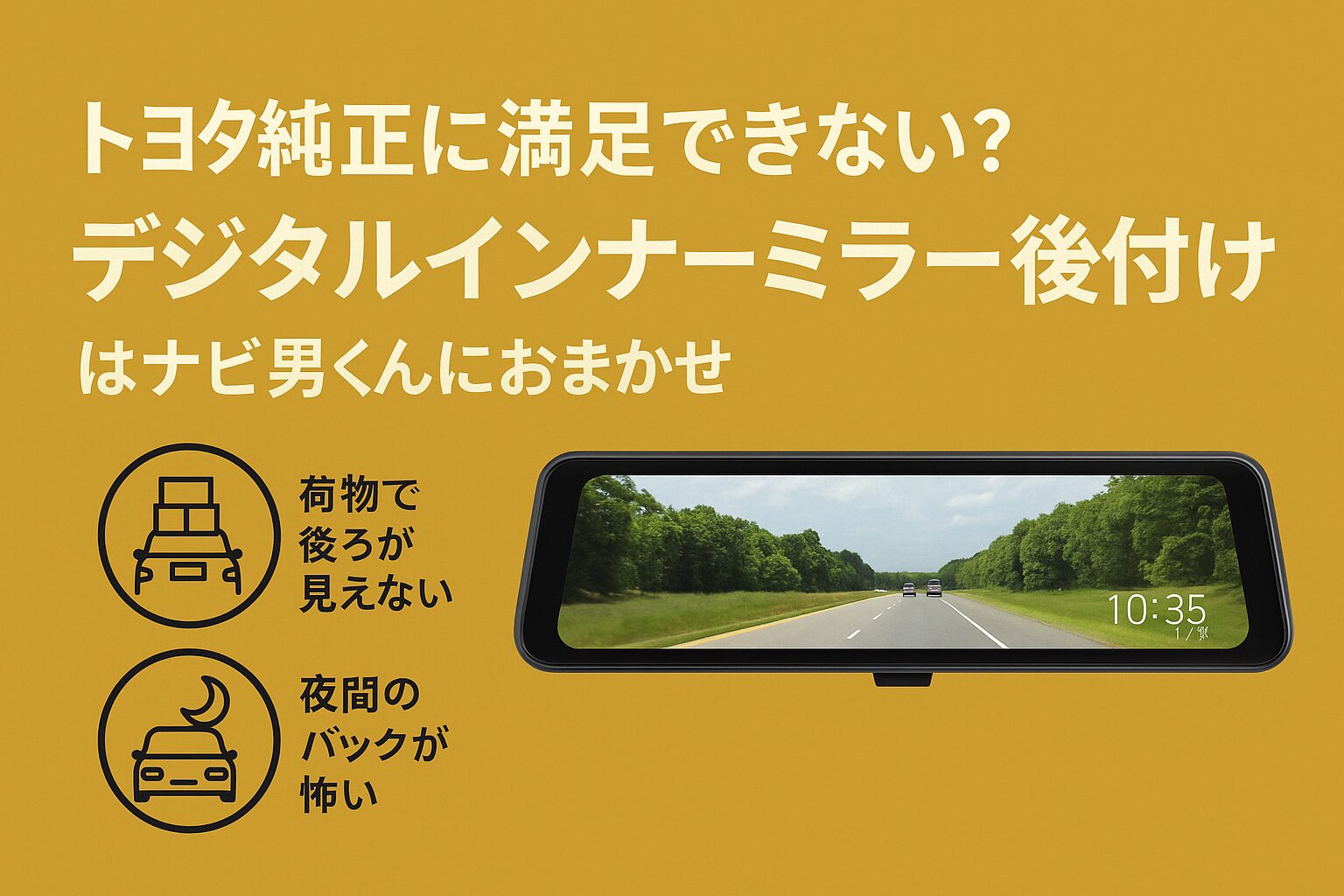 トヨタ純正に満足できない？デジタルインナーミラー後付けはナビ男くんにおまかせ