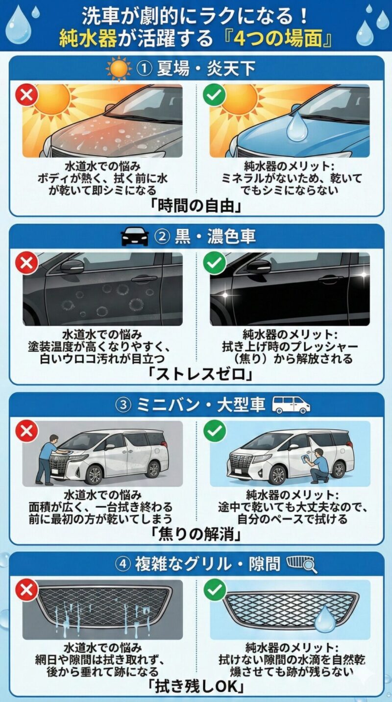 洗車で純水器が活躍する4つの場面をまとめた縦長の図解。夏場の炎天下、黒などの濃色車、アルファードなどの大型ミニバン、複雑な形状のグリルにおいて、純水を使うことで水シミ(イオンデポジット)を防ぎ、拭き上げの時間を気にせずストレスフリーに洗車できるメリットを解説。