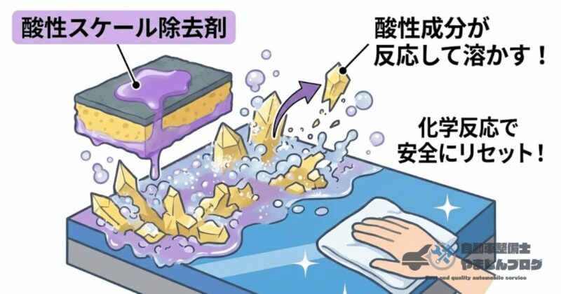 酸性クリーナーがイオンデポジットと化学反応を起こし、塗装面やコーティングを傷めずに汚れだけを浮かせてリセットする