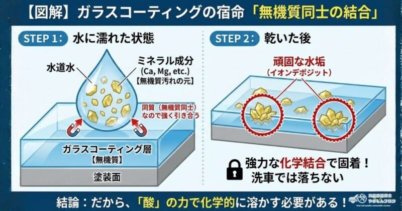 ガラスコーティングの膜と水道水のミネラル分が「無機質同士」として強く結合し、頑固な水垢(スケール)が発生する