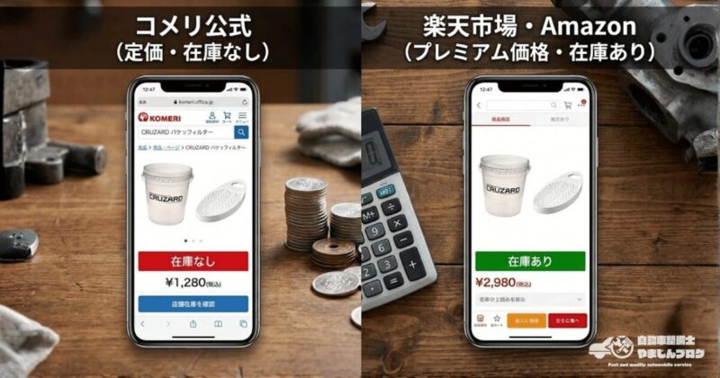 コメリ公式サイトの定価とAmazon・楽天市場での市場相場の違い。在庫状況と価格差を
比較