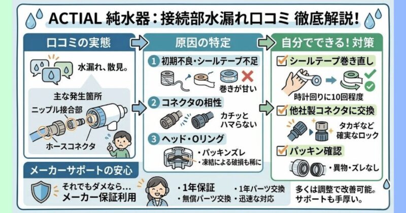 ACTIAL純水器の口コミにある水漏れトラブルは適切な調整とパーツ選びで解決可能。