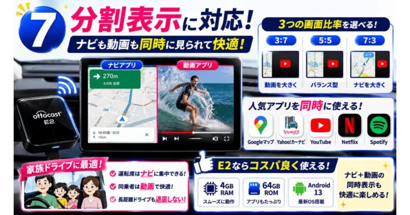 OTTOCAST E2は分割表示機能に対応で3:7・5:5・7:3の3種類の画面比率を選べる