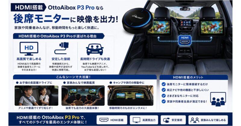 OttoAibox P3 ProならHDMI出力機能で後席モニターへ映像を出力できる。