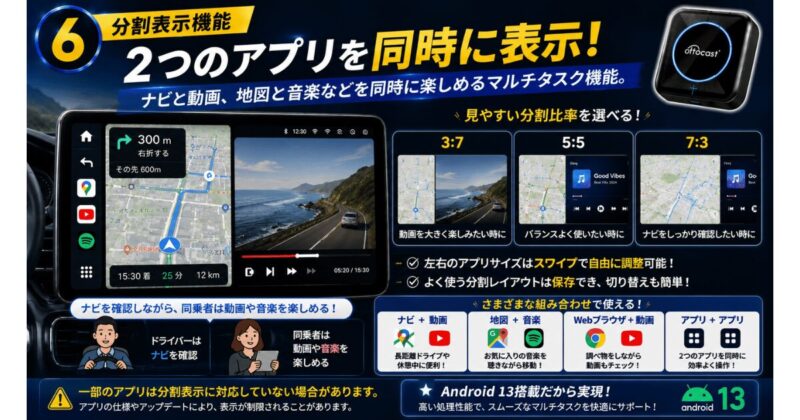 OTTOCAST P3 Proはナビと動画、地図と音楽を同時表示でき3:7・5:5・7:3の画面比率を選択できる