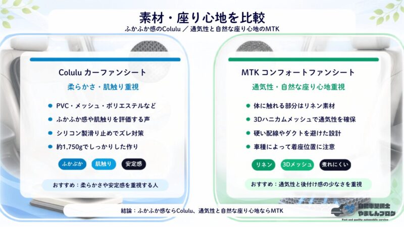 ColuluカーファンシートとMTKコンフォートファンシートの素材と座り心地を比較