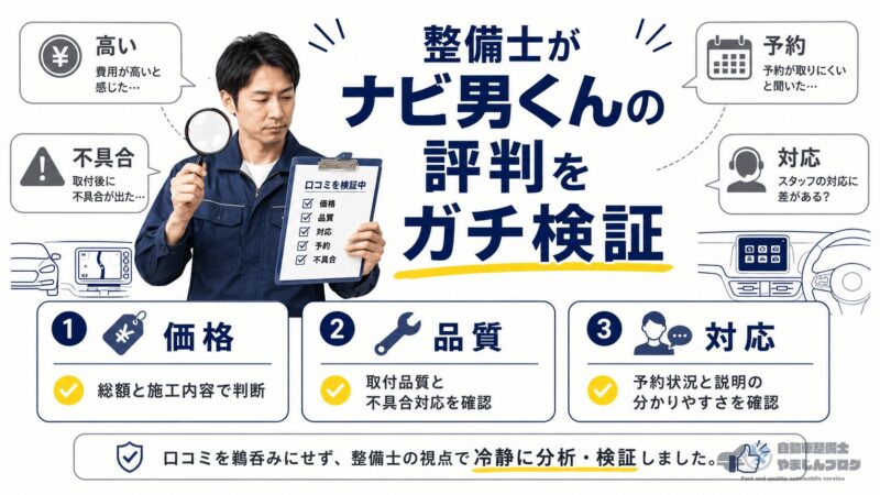 ナビ男くんの「高い」「不具合」「予約」「対応」といった評判を整備士目線で検証