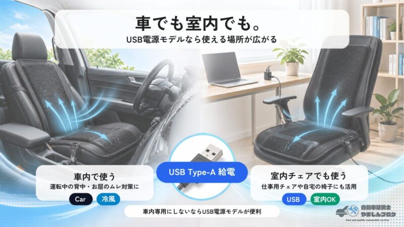 MTK コンフォートファンシートUSB電源モデルなら車内だけでなく仕事用チェアや自宅の椅子でも使える