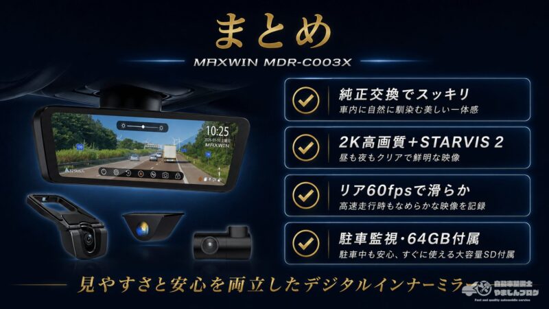 MAXWIN MDR-C003Xの高画質、リア60fps、純正交換、駐車監視機能まとめ