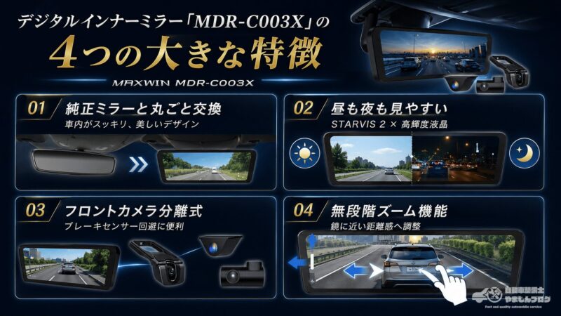 MAXWIN MDR-C003Xの大きな特徴である純正交換型デザイン、高画質表示、分離式フロントカメラ、無段階ズームを解説