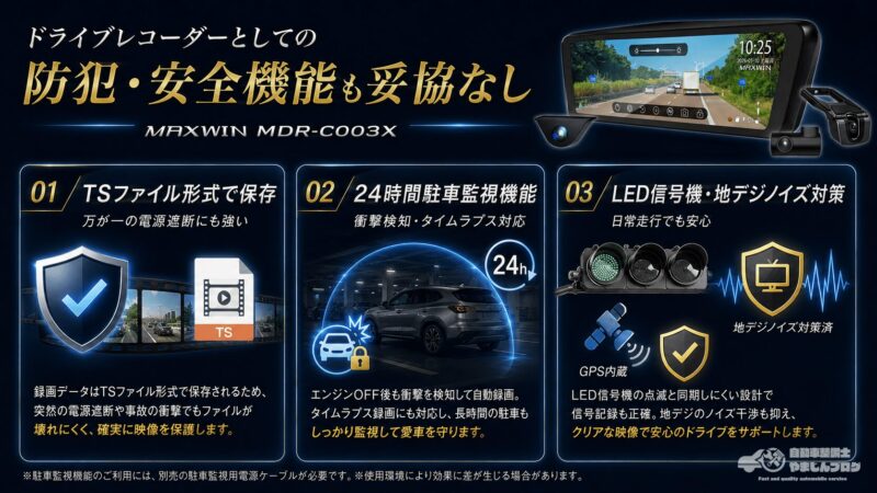 TSファイル形式や24時間駐車監視、LED信号機・地デジノイズ対策など、MDR-C003Xの安全機能を紹介