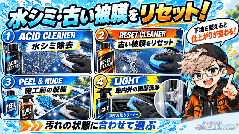 汚れの状態に合わせてディテールアーティストのACID CLEANER・RESET CLEANER・PEEL・NUDE・LIGHTを使い分けてボディ表面をリセット